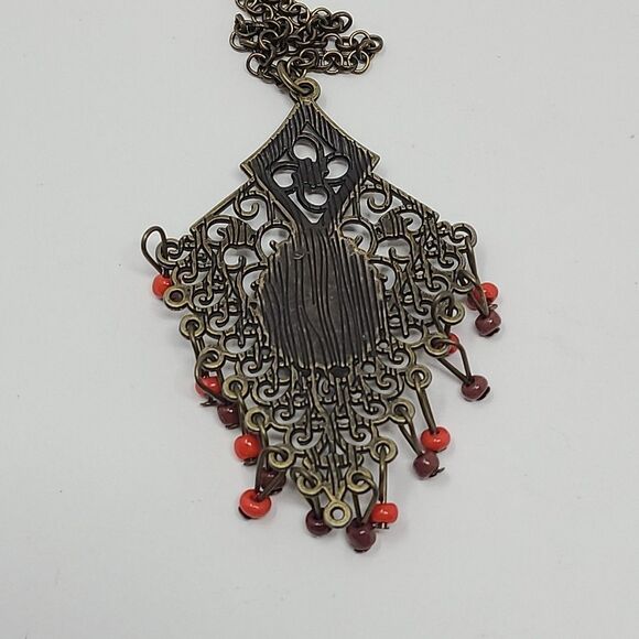 Brass Color Filigree Pendant Necklace 15" Boho Orange Red Details - Picture 3 of 3